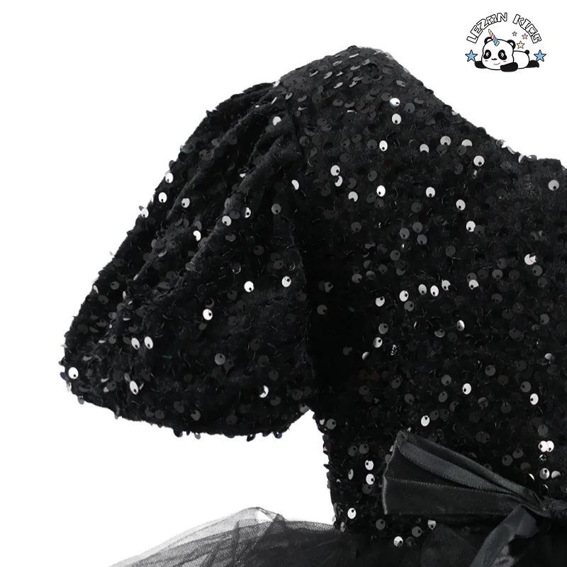 LEZONKIDS - High-end Kid Girls Dress Princess Mesh Trailing Dress Black Sequin Evening Dress for Piano Performance